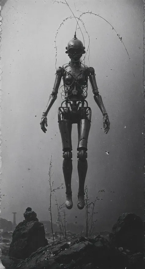 grayscale old photo, damaged, early 19th century, first person perspective, landscape photo, tron, heaven, ascendance, god rays, light, gold, sky, advntr, underwater, alien, colorful, zdzislaw beksinski, translucent, transparent, reelmech, mechanical parts, cable, wires, machinery, joints, body suit, <lora:oldPhotoV1:1>,