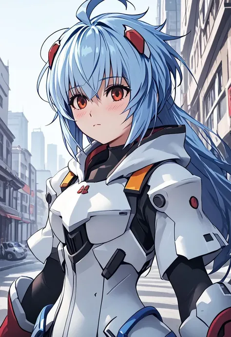 score_4,score_5,score_6,score_7_up,score_8_up,score_9 ((masterpiece,best quality,ultra detailed,highres,HD,4k:1.2)),
Azure Striker Gunvolt(Main)
1girl, solo,solo forcus,girl forcus,((upper body)),((eye highlight)),
ayanami_rei,rei ayanami, blue hair, ((long hair, Messy Hair:1.2)), hood, Hood down,armor,gloves,red boots, black pants, outdoor, standing,city,science fiction, blush,