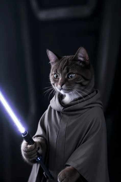 a cute master jedi cat in star wars with a lightsaber, wearing a jedi cloak hood (cat:1.3)