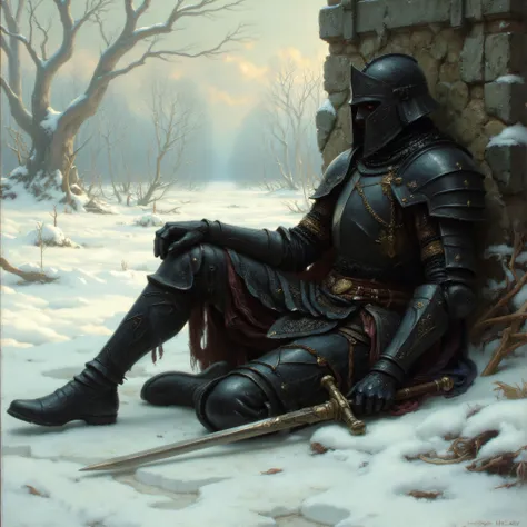 An oil painting with dark souls elements portrays a knight clad in black armour resting against a wall. The ground around him is thick with snow and dead trees fork up against the sky like skeletal fingers. The knight in black armour is sat against a wall, his sword rested agasint the ground. The knights black armour contrasts against the snow, emphasizing the knights importance in the composition.