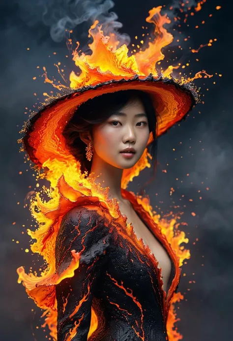 Sasha Yamamoto, an alluring young woman in her mid-30s, dons an attractive ensemble featuring a unique, realistic hat that replicates an erupting volcano. The hat, designed with intricate detail, showcases flowing hot lava, a splashy design, and lifelike textures. It also incorporates hidden illumination and lava splashes, giving the appearance of a volcanic eruption.