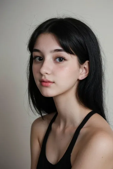 A body shot of a beautiful woman, with pale skin, blue eyes, pale glowing skin, laying down, looking up at camera, She has long black hair, messy black hair, pale fair skin, Kaitlyn Michelle, photorealistic, gritty raw photo, looking at camera, good eyes, fully body, hyperrealism, 8K UHD, realistic skin texture, flawed skin, shot with Canon EOS 5D Mark IV, highly detailed, masterpiece,