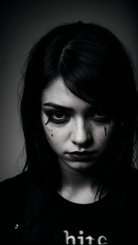 emo goth woman, 20 years old, sad, crying, tears, smudged make up, dark, deep photo, grainy