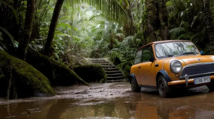 ultra-realistic landscape photography of 1 half-muddied rusted 1965 mini Austin, immaculated with mud drops, in luxurious jungle, cliffs, falls, perfect lighting and composition, high detail, 8K resolution, shot on a Hasselblad camera