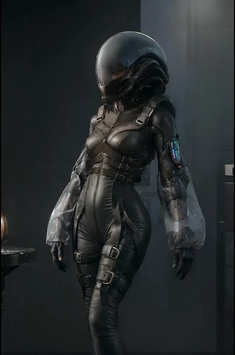 woman wearing a cyberpunk xenomorph techwear outfit in a moviestill, transparent headpiece, dof, cyberpunk ally background, <lora:techwear:0.8>, (sYBERmASK:0.9) ,<lora:LuisapBladerunner2049_v1:0.5>, <lora:GigerAlien:0.6>, weight on one leg, <lora:Bodysuit v13:0.3>