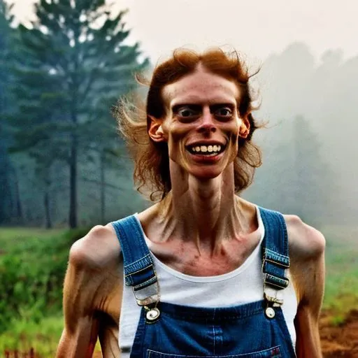 Highly realistic photo of helga with ugly smile, Shirtless overalls, looking at viewer, (((professionally color graded))), sharp focus, bright soft diffused light, (volumetric fog), (immense detail),