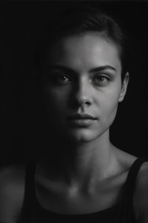 realistic photo of a beautiful 20-year-old woman with short hair wearing a black tanktop, natural skin texture, realistic skin texture, (skin pores:0.8), (skin oils:0.6), Fine art photography, award winning photography, black and white , film grain, dark room, dark shadow,, black background, dark theme, cinematic <lora:Chiaroscurox_Light_1.5:0.6>