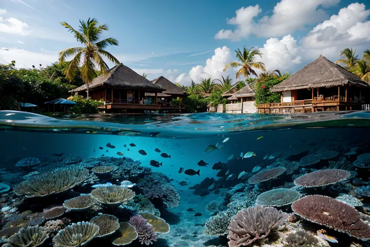 perfect sky, corals, fishes, overwater villa, maldives,
<lora:waterline_style:1> waterline style