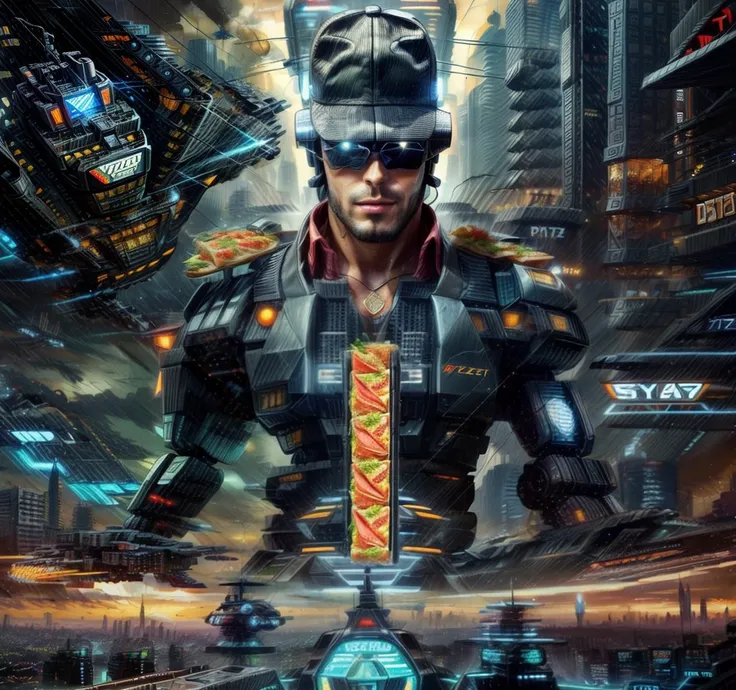 photo of a giant (robot|mech) wearing a fedora and eating pizza , half eaten pizza slices, tacos, burgers, french fries, city, futuristic, prt, asymmetrical, (pizza slices falling from sky), <lora:add_detail-58390:1.8>, <lora:EnvyElegance-Beautiful-Elegant-Confident-62706:0.6>, <lora:epiCRealismHelper-110334:0.4> Style-BladeRunner2049-8v ProfessionalDetail <lora:retro-pinup-208354:0.6> <lora:more_details-82098:0.8> <lora:VisionaryVerse-247417:1> documentary