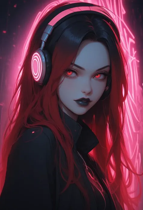 zPDXL3, score_9, score_8_up, score_7_up, 1girl, black lips, neon lights, neon hair, glowing hair, long hair, red hair, red eyes, glowing colors,  grain style, cowboy shot, glowing clothes, piercing, glowing clothes, red clothes, headphones, night city background, <lora:add-detail-xl:0.4> , <lora:[GP] somethingweird [Pony XL]:0.2>, <lora:g0th1cPXL:0.3>, <lora:st4t1ctvXLP:0.8> , <lora:Goth_girl_XL-v2:0.8>,