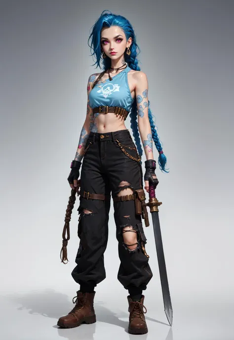 score_9, score_8_up, score_7_up, score_6_up, Pixar style,MG_ip,1girl,long hair,jinx \(league of legends\),pants,braid,brown footwear,tattoo,jewelry,solo,blue hair,gloves,earrings,holding,pink eyes,looking at viewer,closed mouth,boots,fingerless gloves,bangs,full body,standing,chibi,very long hair,arm tattoo,gradient background,bare shoulders,skull,gradient,torn pants,asymmetrical bangs,weapon,black pants,torn clothes,Jinks,
