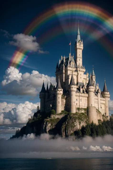 A majestic castle floating in the clouds, surrounded by vibrant rainbows.