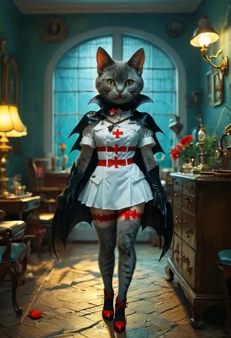 In this charming and peculiar image, a playful and alluring cat-bat hybrid dons a seductive nurse's uniform, emanating a mix of whimsy and sensuality. With its smooth fur and delicate leather wings, the creature exudes an air of mystery and charm. The uniform, tailored to its unique body, features a tight white mini skirt adorned with a red cross and seductive red thigh-high socks, while stiletto heels complete the ensemble. The cat-bat's eyes sparkle with mischief, and it playfully waves a miniature medical kit containing micro-syringes and bandages.
The setting is a mysterious, dimly lit room, further enhancing the enigmatic and sensual atmosphere. Depth of field is set to 1.1, and the composition is transparent, featuring clear layers, distinct light and dark areas, and rich details. The color scheme consists of medium sea blue, radiant dark tones, yellow-green hues, and light cyan with warm tones, creating a captivating and enchanting scene.