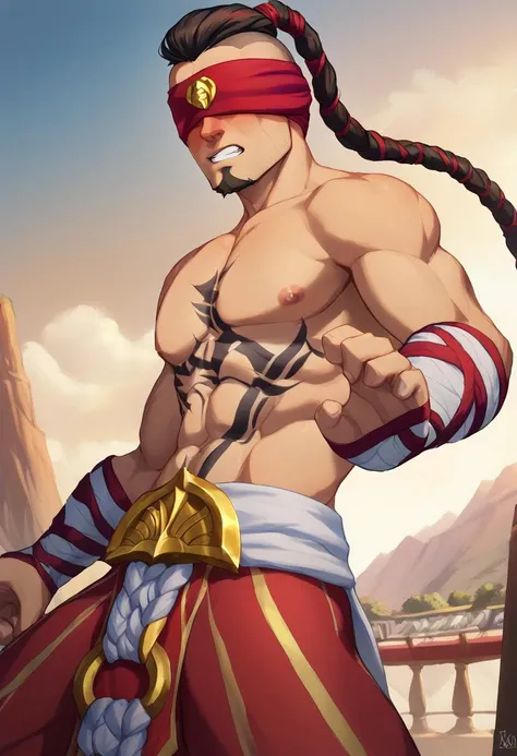 handsome moba character muai thai fighter with red hair and red tattoo tiger marks on his arm that cover his whole arm, a scar in the nose and the chest, tied back hair , making a fighting pose smiling, charming character , young adult, white background , digital painting, game artwork splash art, full body view