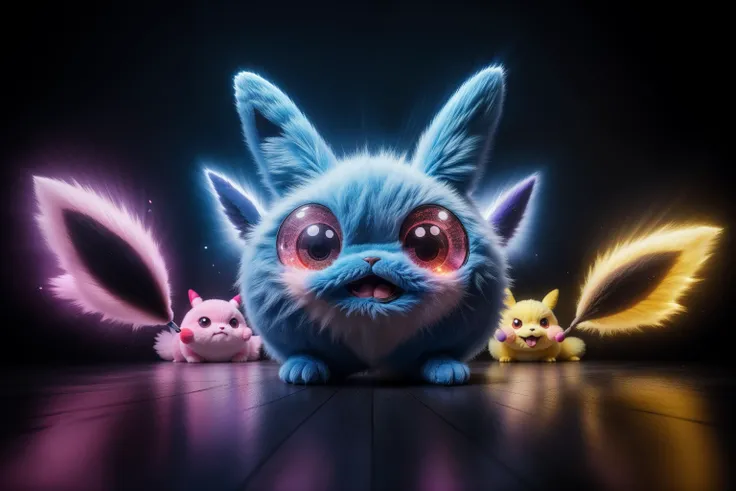 Professional photo of a cute fluffy pokemon with a big eyes, was beaten by stun gun, reflection bright, sunny, three-dimensional image, 3d, fascinating spectacle, digital photography, hyperdetalization, high quality, presence effect, lumen, cgi, blue/red/purple, (matepiece)