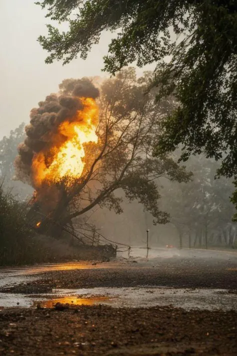 A tree is burning, rain is pouring on it and the wind is blowing