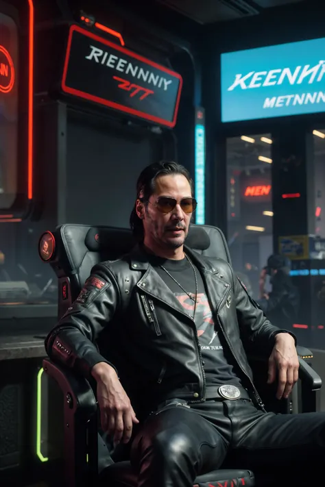 Keanu Reeves with sunglasses sitting in a chair