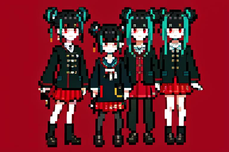 highly insanely detailed, masterpiece, top quality, best quality, highres, 4k, 8k, RAW photo, (very aesthetic, beautiful and aesthetic),
changms,red eyes,(black hair,streaked hair,aqua hair,two-tone hair),(hair bun,double bun,blunt bangs),chinese clothes,(red skirt,pleated skirt,miniskirt),clothing cutout,black pantyhose,(long sleeves,wide sleeves),ribbon,brown loafers,tinted eyewear,tassel,longevity lock,
<lora:å½é¾æ½®_é¿å½é v1.0:0.8>,
(1girl:1.3), 1other,
(in line in front of a theater with friends:1.4),(pure red background,transparent background:1.2),âââ