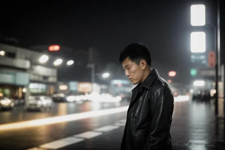 neo-noir, gritty, film grain, heavy rain, low angle BREAK a 30-years-old Chinese man wearing a black leather jacket, white t-shirt, standing in Hong Kong in heavy rain, serious facial expression, looking into distance