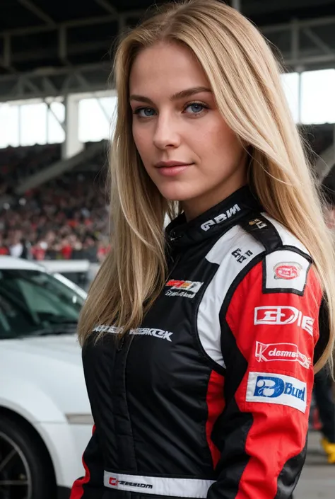 blonde female racedriver, race suit, race car, long hair, intricate details