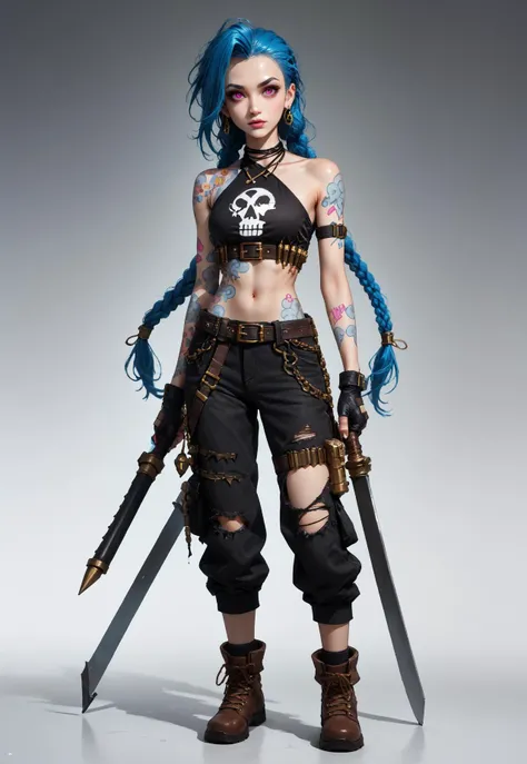 score_9, score_8_up, score_7_up, score_6_up, Pixar style,MG_ip,1girl,long hair,jinx \(league of legends\),pants,braid,brown footwear,tattoo,jewelry,solo,blue hair,gloves,earrings,holding,pink eyes,looking at viewer,closed mouth,boots,fingerless gloves,bangs,full body,standing,chibi,very long hair,arm tattoo,gradient background,bare shoulders,skull,gradient,torn pants,asymmetrical bangs,weapon,black pants,torn clothes,Jinks,