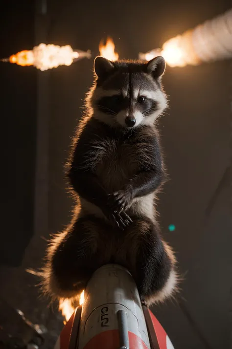 photo of a racoon (riding a rocket:1.2). fire.