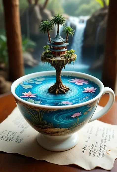 tilt-shift photo of best quality double exposure complex surreal painting on cracked paper, macro, microworld, hyperdetailed, insanely detailed, surreal, tiny genie spirit creature, flying oasis landscape placed inside a cup on the table in room. waterfall, lotus flowers,temple palms desert filigree, table cinematic, big eyes 32k, by Rockwell, WLOP Ryniac, Craola, Disney, van Gogh, highly detailed, intricated, intricated pose, high quality, centered, perfect composition.,
<lora:Midjourney_-_SemiReal_Dreams_FLUX_LoRA:1>,<lora:hyper-detail-illustration:1>, Selective focus, miniature effect, blurred background, highly detailed, vibrant, perspective control, ((Darkness, Dark))