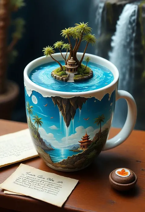 tilt-shift photo of best quality double exposure complex surreal painting on cracked paper, macro, microworld, hyperdetailed, insanely detailed, surreal, tiny genie spirit creature, flying oasis landscape placed inside a cup on the table in room. waterfall, lotus flowers,temple palms desert filigree, table cinematic, big eyes 32k, by Rockwell, WLOP Ryniac, Craola, Disney, van Gogh, highly detailed, intricated, intricated pose, high quality, centered, perfect composition.,
<lora:Midjourney_-_SemiReal_Dreams_FLUX_LoRA:1>,<lora:hyper-detail-illustration:1>, Selective focus, miniature effect, blurred background, highly detailed, vibrant, perspective control, ((Darkness, Dark))