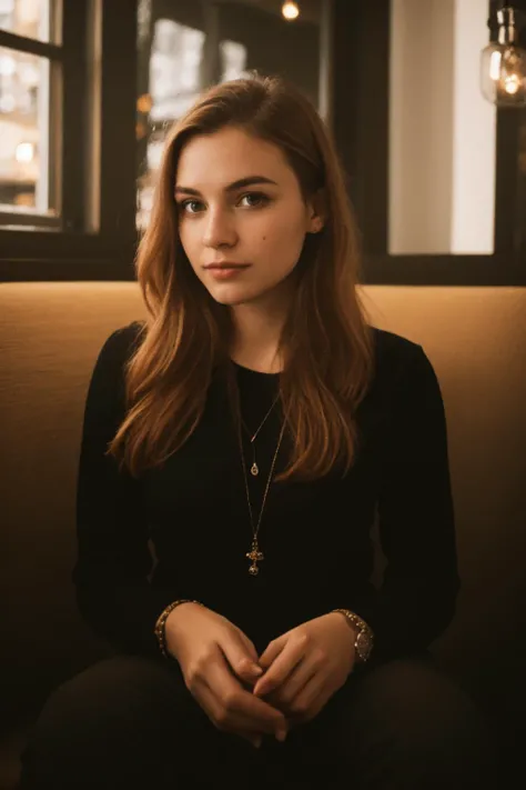 HDR photo of a detailed portrait of a young, beautiful Swedish woman seated in a cozy cafe, Nordic features, captivating eyes, and natural beauty, warm ambiance, soft lighting and subtle, inviting decor, tranquil backdrop, RAW photo, (high detailed skin:1.2), 8k UHD, DSLR, soft lighting, high quality, film grain, Fujifilm XT3, epiCPhoto, A style of drawing that uses a plain, neutral background to draw attention to the subject of the drawing . High dynamic range, vivid, rich details, clear shadows and highlights, realistic, intense, enhanced contrast, highly detailed