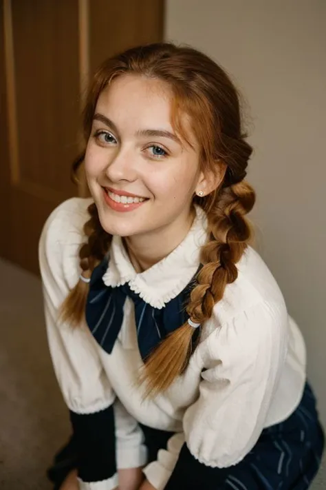 masterpiece, best quality, 8K RAW photo, film grain, bokeh, red hair, smug, smirk, twin braids, hair bow, striped dress, striped sleeves, puffy sleeves, striped thighhighs, unbuttoned, cleavage, perky breasts