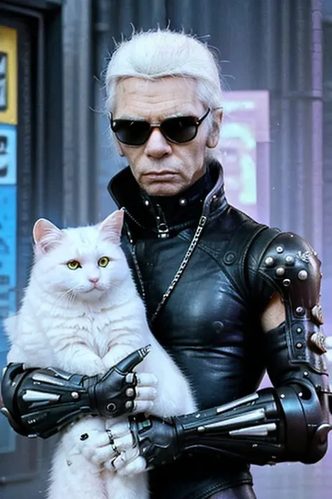 Creative photograph, Karl Lagerfeld is dressed as virile cyberpunk punkai, his limbs and face have detailed cyberpunk implants like bot limbs and electronic equipment, cuddling white cat choupette, on the vibrant streets of a dystopian cyberpunk city