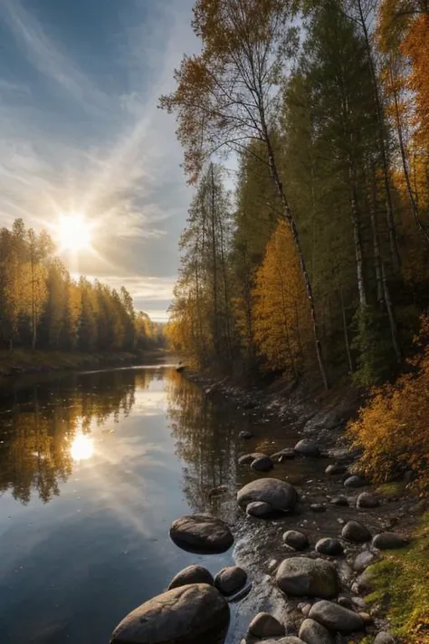 masterpiece, best quality, vivid colors, high quality, RAW photo, Norway, dream nature, primeval wild, picturesque forest, bright clouds, beautiful sky, sun, epic landscape, autumn river, colorful scenery, realistic, desolate atmosphere,