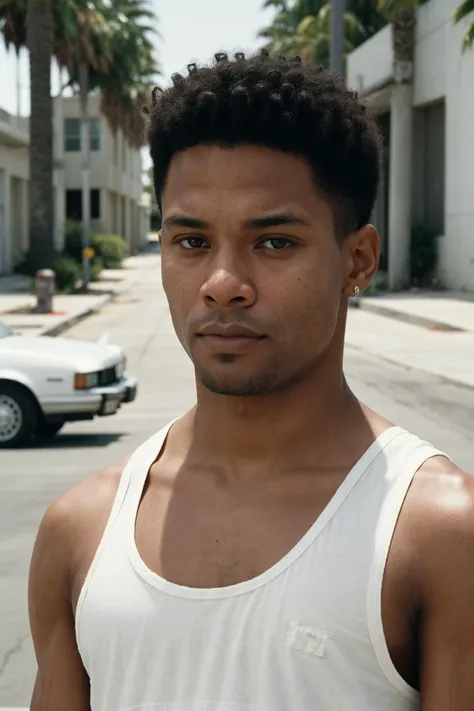 1990s, closeup portrait photo of 25 y.o afro american man, Carl Johnson, white tank top, short hair, natural skin, looks away, los angeles street, Grove Street Families gang, (cinematic shot, film grain:1.1)
