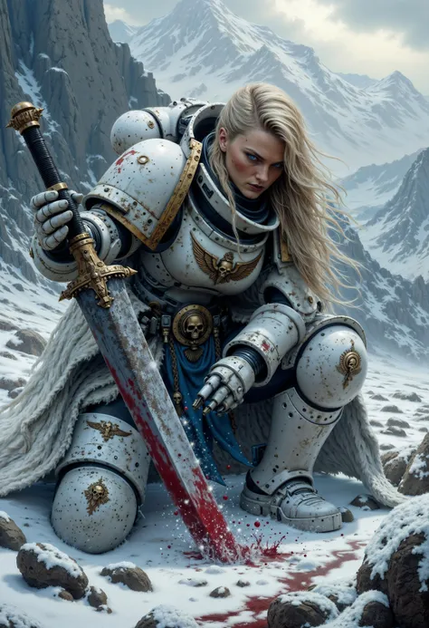 An atmospheric and powerful dark fantasy image, classical style painting of a beautiful female WhiteS40K space marine dressed in intricate power armor. She crouches with her head down and her dirty blonde hair falls over her face. She holds a powerful curved sword of dark steel. There is blood in the snow around her from a fallen enemy. Cinematic shot in a snowy mountainous region. <lora:FluxWhiteS40K:1>