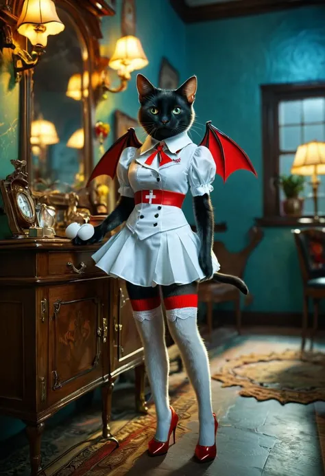 In this charming and peculiar image, a playful and alluring cat-bat hybrid dons a seductive nurse's uniform, emanating a mix of whimsy and sensuality. With its smooth fur and delicate leather wings, the creature exudes an air of mystery and charm. The uniform, tailored to its unique body, features a tight white mini skirt adorned with a red cross and seductive red thigh-high socks, while stiletto heels complete the ensemble. The cat-bat's eyes sparkle with mischief, and it playfully waves a miniature medical kit containing micro-syringes and bandages.
The setting is a mysterious, dimly lit room, further enhancing the enigmatic and sensual atmosphere. Depth of field is set to 1.1, and the composition is transparent, featuring clear layers, distinct light and dark areas, and rich details. The color scheme consists of medium sea blue, radiant dark tones, yellow-green hues, and light cyan with warm tones, creating a captivating and enchanting scene.