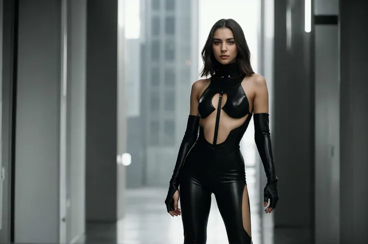 cinematic portrait, young woman with (shoulder-length:0.5) brunette hair and hazel eyes, wearing a black formfitting high-tech futuristic outfit and pants