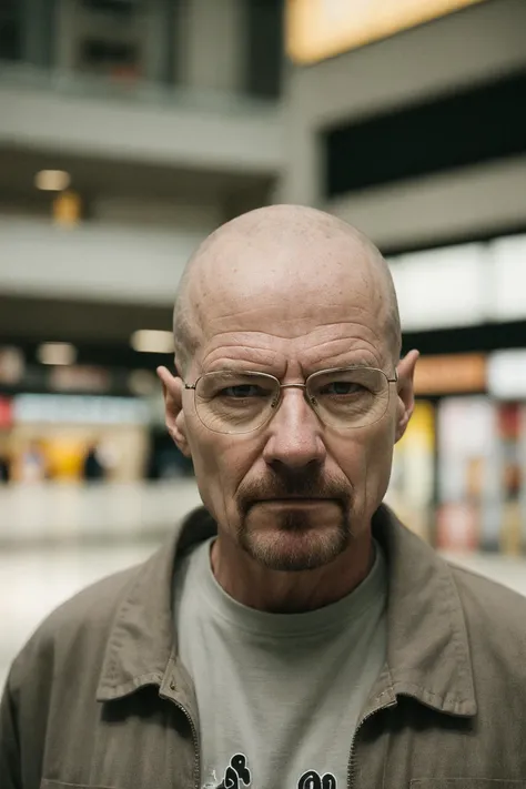 Realistic portrait of Walter White, deep within a shopping mall, authentic clothing, unposed, candid capture, lifelike clarity, 35mm film grain:1.4.