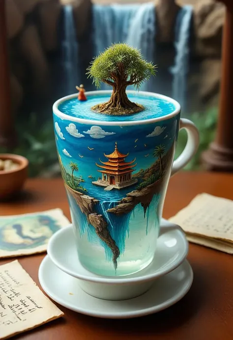 tilt-shift photo of best quality double exposure complex surreal painting on cracked paper, macro, microworld, hyperdetailed, insanely detailed, surreal, tiny genie spirit creature, flying oasis landscape placed inside a cup on the table in room. waterfall, lotus flowers,temple palms desert filigree, table cinematic, big eyes 32k, by Rockwell, WLOP Ryniac, Craola, Disney, van Gogh, highly detailed, intricated, intricated pose, high quality, centered, perfect composition.,
<lora:Midjourney_-_SemiReal_Dreams_FLUX_LoRA:1>,<lora:hyper-detail-illustration:1>, Selective focus, miniature effect, blurred background, highly detailed, vibrant, perspective control, ((Darkness, Dark))