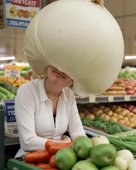 cinematic portrait of a woman sitting in a supermarket vegetable stand, big round white ((ballhood)) (onion) head <lora:ballhoodv2:1>
