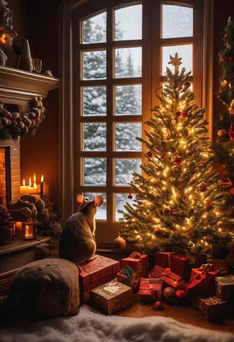 Masterpiece, 8k, hdr, best quality, photography, analog style, real life, extremely beautiful, (highly detailed, intricately detailed), ray tracing, (dramatic lighting), a mouse in a snowy garden, looking through a window of a house, looking at a fireplace and a decorated Christmas tree