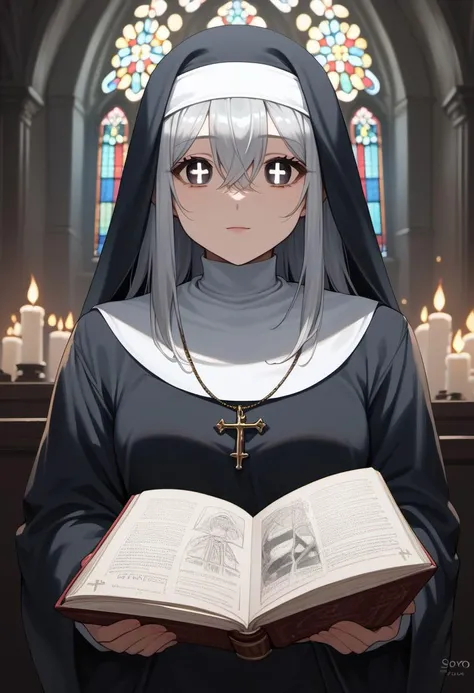 score_9, score_8_up, score_7_up,
source_anime,zPDXL3,
BREAK
1girl, silver hair,long hair,soro,
nun,sister,
expressionless,
+_+, bright pupils, detailed eyes,
closed mouth,
BREAK
holding large book,
shiny skin, shiny, oily skin, oily face,shiny face,
church,night,harsh lighting,candle,
extremely detailed , detailed background,
upper body,
diagonal angle,
looking at viewer