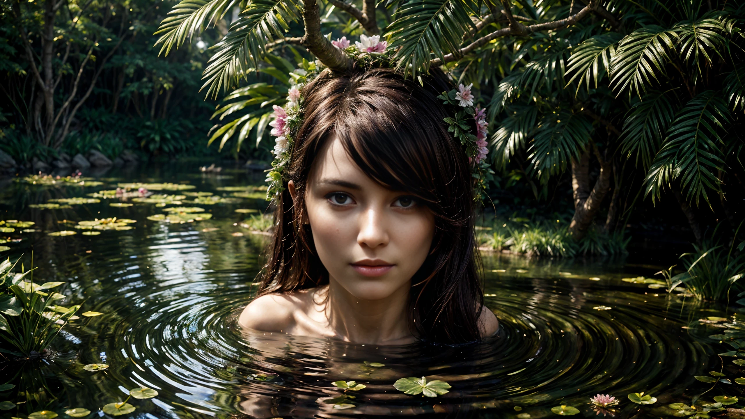 ((dryad)), close-up:, octane render,. unreal engine, 3d, pretty, beautiful, young, green skin, plant girl, (extremely detailed) and intricate, 8k, sharp focus, wearing dryad clothes, forest,pond with crystalinel-clear water, ripples, reflections, raytracing, small colorful Bright Purple flowers, vivid colors, high contrast, hdr, etereal light, shadows, <lora:Detail Tweaker LoRA add_detail:1><lora:depth_of_field_slider_v1:5> <lora:SDXLrender_v2.0:0.9> <lora:dryad:0.3>