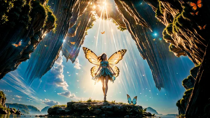 (((18 years old))), (fairy), (elf), fly, ((photo)), (((close-up))) (cinematic) face, (cinematic) (Fujifilm XT3 Viltrox), (octane render, unreal engine), (floating castle in the sky:1.4), ((ultrarealistic)), happy smile, ((ultradetailed)), (air, breeze, strong wind), (butterfly_wings) (fairy wings), (flying:1.3), (sharp focus), hdr, elven fairyland, big rock, transparent (water ripples) reflections, cascade river (pond), jungle,  stunning nature aquatic environment (landscape), butterfly, (bright) (sunny) (sky), strong (high contrast), cinematic (lights), backlight, (shadows), ((croptop)),((miniskirt)), lens flare, necklace, vibrant colors, colorful,[flowers] and leaves, (pretty), (beautiful), feminine, loving, in love, adorable  <lora:Detail Tweaker LoRA add_detail:0.8><lora:depth_of_field_slider_v1:5>  <lora:SDXLrender_v2.0:0.9> <lora:EnvyFairy01-weird-anylora-45:0.3> <lora:EnvyFairy01-queen-anylora-45:0.3> <lora:Elf:0.28> <lora:Flower_fairy:0.2>  <lora:Fly:1> telekinesis/arm up, above clouds,