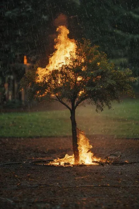 A tree is burning, rain is pouring on it and the wind is blowing