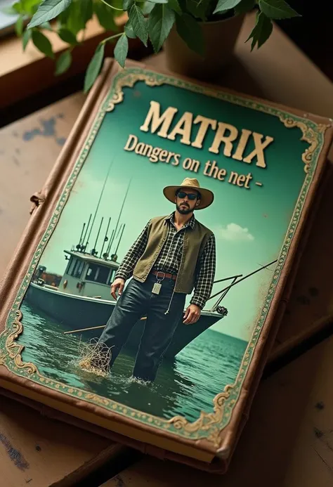 A book on the table with a country-style cover where you can see Neo (Keanu Reeves) He is a fisherman hacker and sailor in a redneck style wearing a plaid shirt and a straw hat, with sunglasses, and a beeper in his leather black pants. In the background you can see his boat with many antennas on the roof. Green tint photo, like Matrix Film. You can see broken fishing nets, He has a fishing net tangled around his body. The book looks worn by time and seems very heavy, with many pages. On the cover you can see green ornaments and a Silver (title:1.3) that says: "MATRIX, Dangers on the net". Big tittle.
