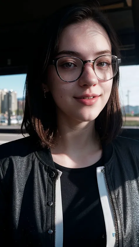 girl with very short brown hair. She has blue eyes, acne, and wears rectangular glasses. She isn’t too fit or social either, she’s American