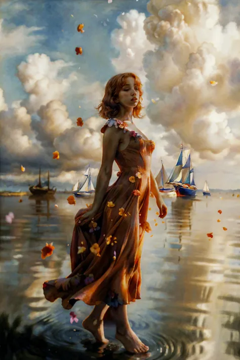 (masterpiece, top quality, best quality, official art, beautiful and aesthetic:1.2), (1girl), extreme detailed,(fractal art:1.3),colorful,highest detailed chiaroscuro technique on painting of a woman holding a bouquet of sunflowers in front of a golden background, hyperrealistic art nouveau, chie yoshii, andrey remnev, by Yamagata Hiro, mucha klimt and tom bagshaw, inspired by J. C. Leyendecker, inspired by J.C. Leyendecker, inspired by James C. Christensen, money everywhere, very rich and elegant, (oil painting:1.5), (NSFW:1.2), a woman joyfully twirling in the raining paint, paint raining, thick paint rainbow hair, body covered with paint, joyful, ((sfw)), calm facial expression, relaxed, gentle smile, (clothes made of liquid paint)), front view, ((small breasts, relaxed face, relaxed shoulders)), ((dynamic pose)), liquid details, correct anatomy, both arms visible, Create an illustration using the soft and ethereal qualities of watercolor. Beautiful pink skin anime model full body, sun-bathing on floating cloud along the suns surface, enticing eyes, curly hair dreamy, background thick clouds,, hyperdetailed, detailed, (masterpiece) . high fashion, luxurious, extravagant, stylish, , opulent, elegance, stunning beauty, professional, high contrast, detailed, Depict a dreamy, whimsical scene with elements that seem to merge with the background