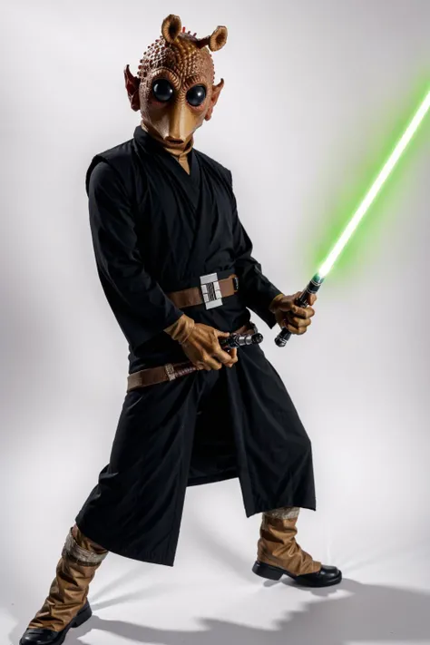 rodian alien,in a sith robe,dynamic angle,holding a lightsaber,white background<lora:RodiantestSkin1:0.8>
