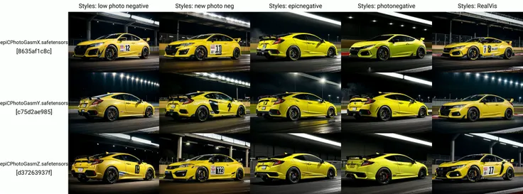 yellow supercar, like honda civic, raytracing, HDR reflective metal, smoke tires, cinematic lighting, night AND (race track:1.2)