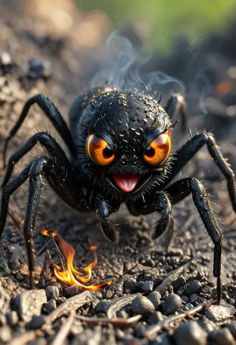 A charred spiderling, its minuscule body blackened yet remarkably unscathed, displays a broad, over-the-top grin. Its exaggeratedly lengthy tongue dangles playfully, as if teasing the viewer. Despite its scorched state, the spiderling's expression exudes a mischievous air, as though it's entirely unfazed by its brush with fire. The striking juxtaposition of the spiderling's burnt state and its comical, carefree demeanor introduces a twisted, darkly amusing aspect to the scene.
